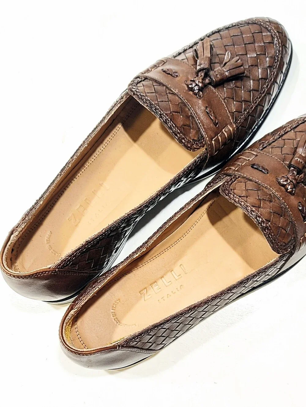 Zelli Riviera Woven Calfskin Tassel Dress Loafers Brown Men's 13 M Made in Italy